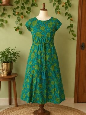 Max Studio Teal Green Floral Maxi Dress with Tassel Tie